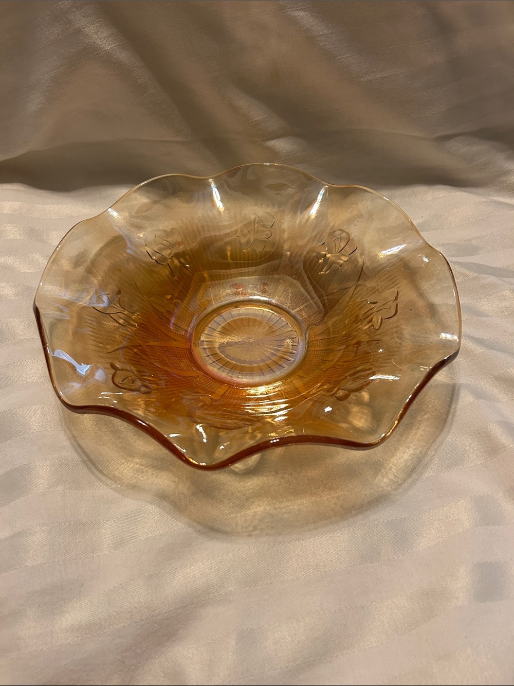 Vintage 12in Jeanette Carnival Glass, Amber Iris Herringbone Ruffle Fruit Bowl